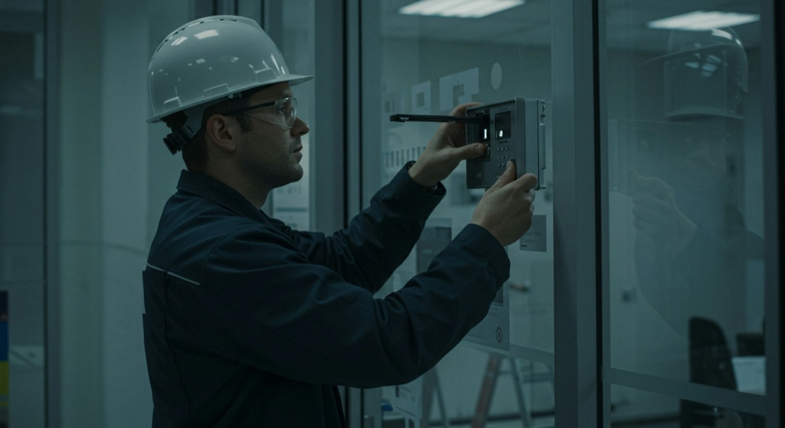 Un technicien règle un appareil au mur